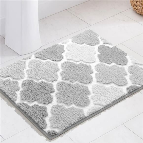 Gray Bathroom Rug Non Slip Checkered Bath Mat Plush Absorbent Shaggy Floor Carpe - Picture 1 of 7